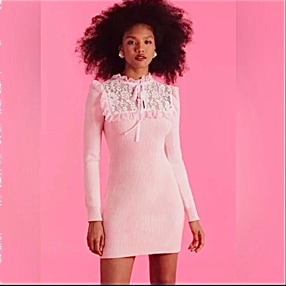 LoveShackFancy Bellini wool blend knit ribbed Pink long sleeve mini Dress Sz.XS. - Picture 1 of 16